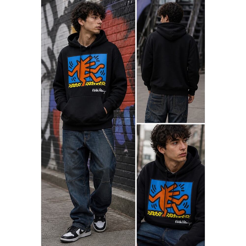 Keith Haring X REASON Hoodie Men Medium Blk Graphic Streetwear Pop Art Pullover